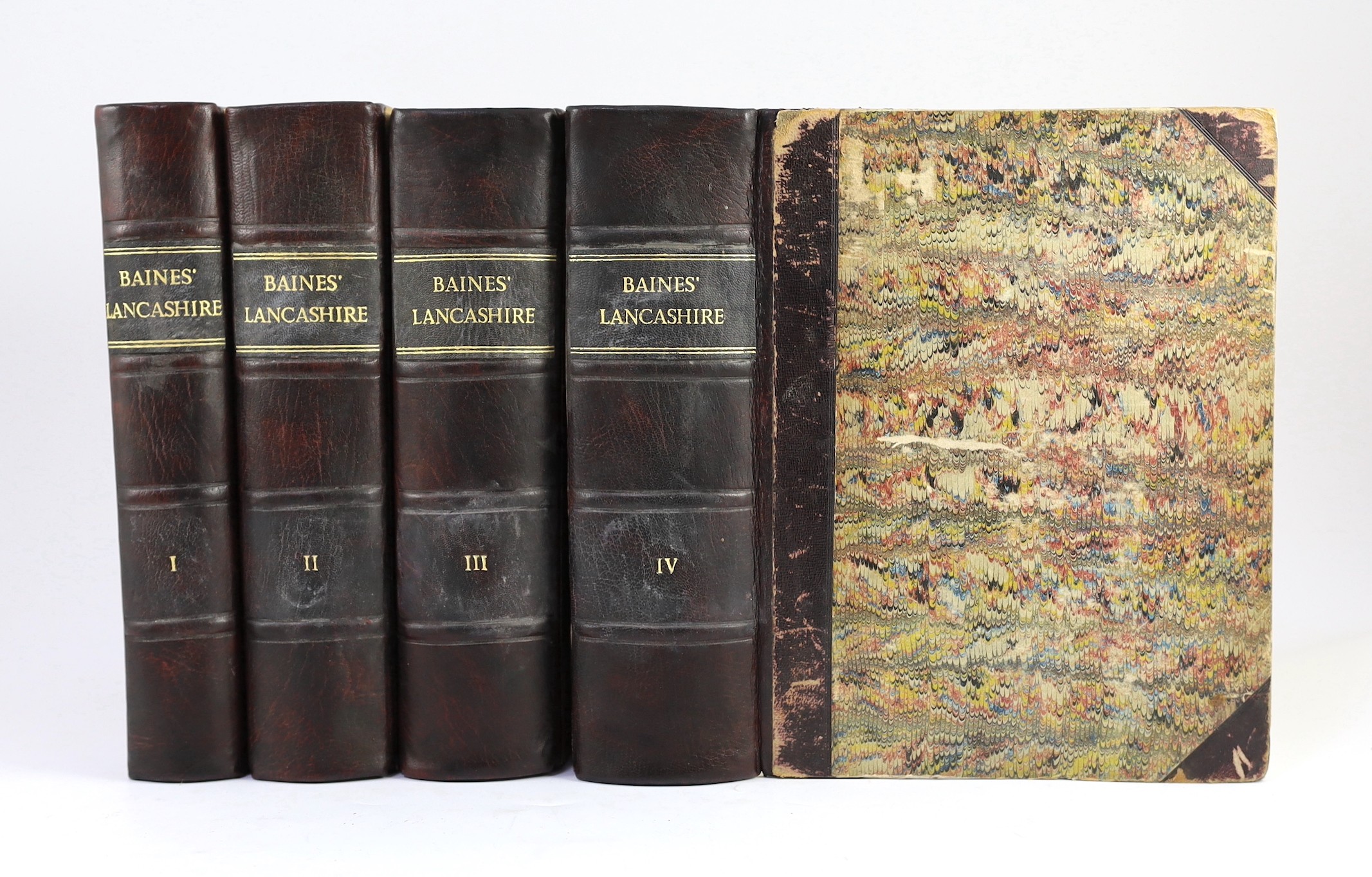 LANCASTER - Baines, Edward - The History of the County Palatine and Duchy of Lancaster, 4 vols, 4to, rebacked dark maroon morocco, with 2 frontises, 2 folding maps and 120 engraved plates, boards scuffed, endpapers renew